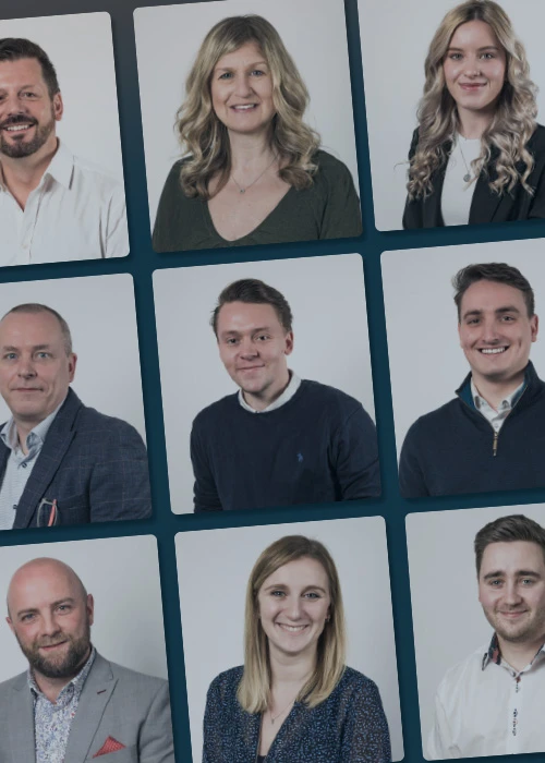 A grid-style collage showing professional headshots of Champions UK PLC team members, each smiling against a neutral grey background.