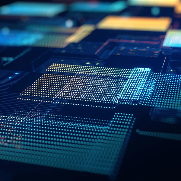 Abstract grid of glowing dots and circuit shapes representing AI integration and data flow