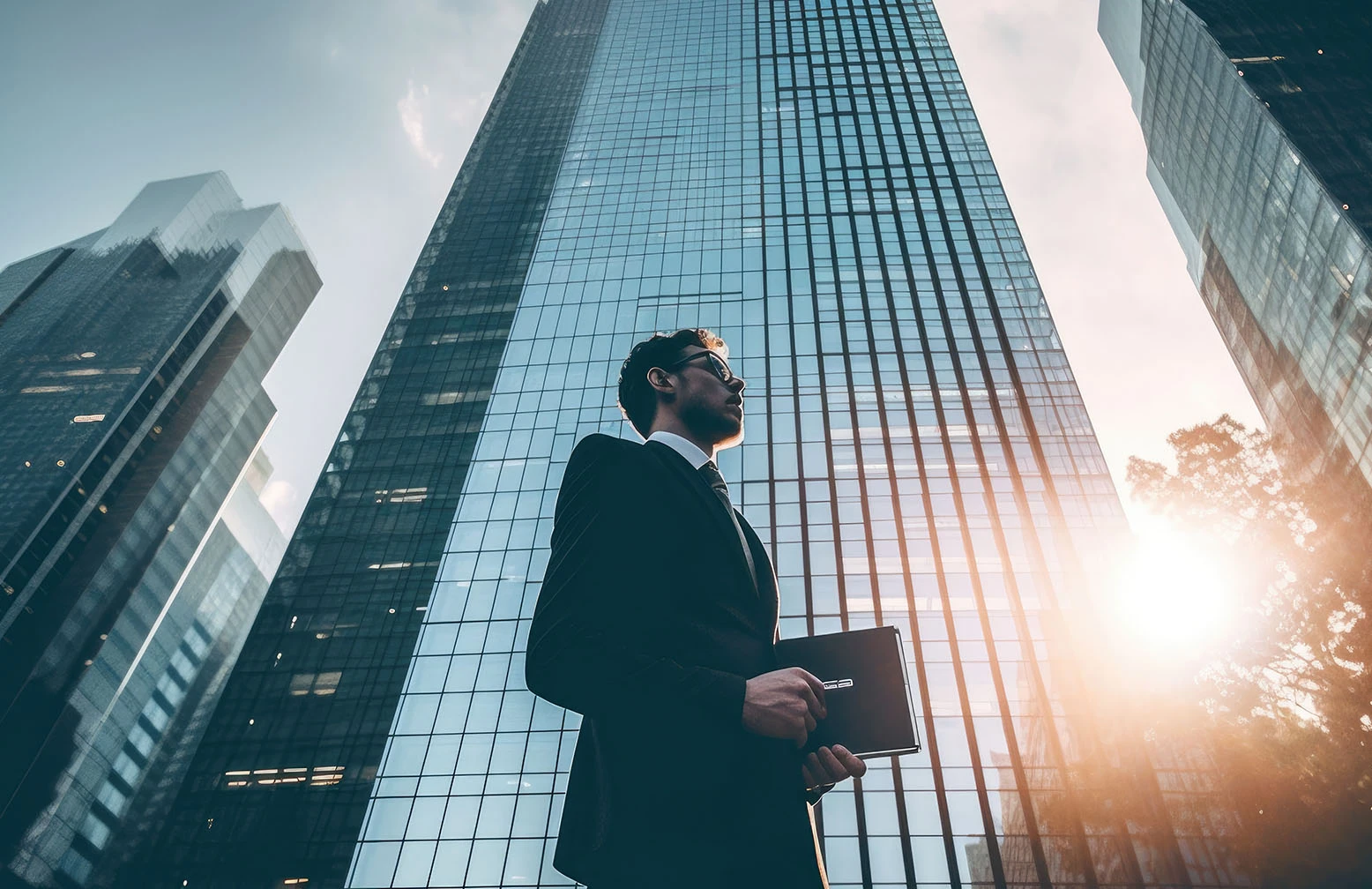 Business professional holding a notebook among glass skyscrapers at sunrise.