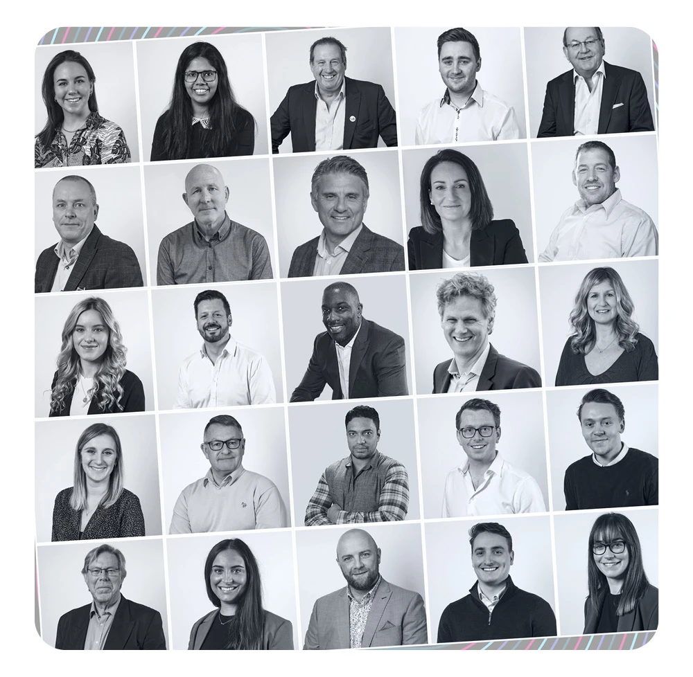 Grid of 25 black and white headshots of Champions UK PLC team members