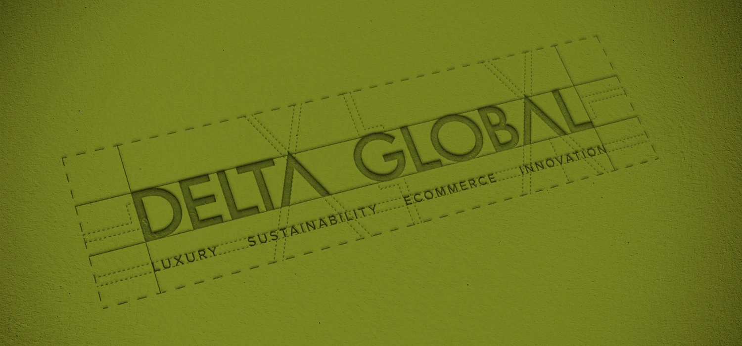 Embossed Delta Global logo design on a textured green background, featuring precise brand guidelines with grid lines and the words “Luxury, Sustainability, eCommerce, Innovation” underneath.