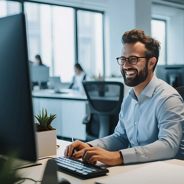 Smiling man working at a desktop computer in a bright modern office