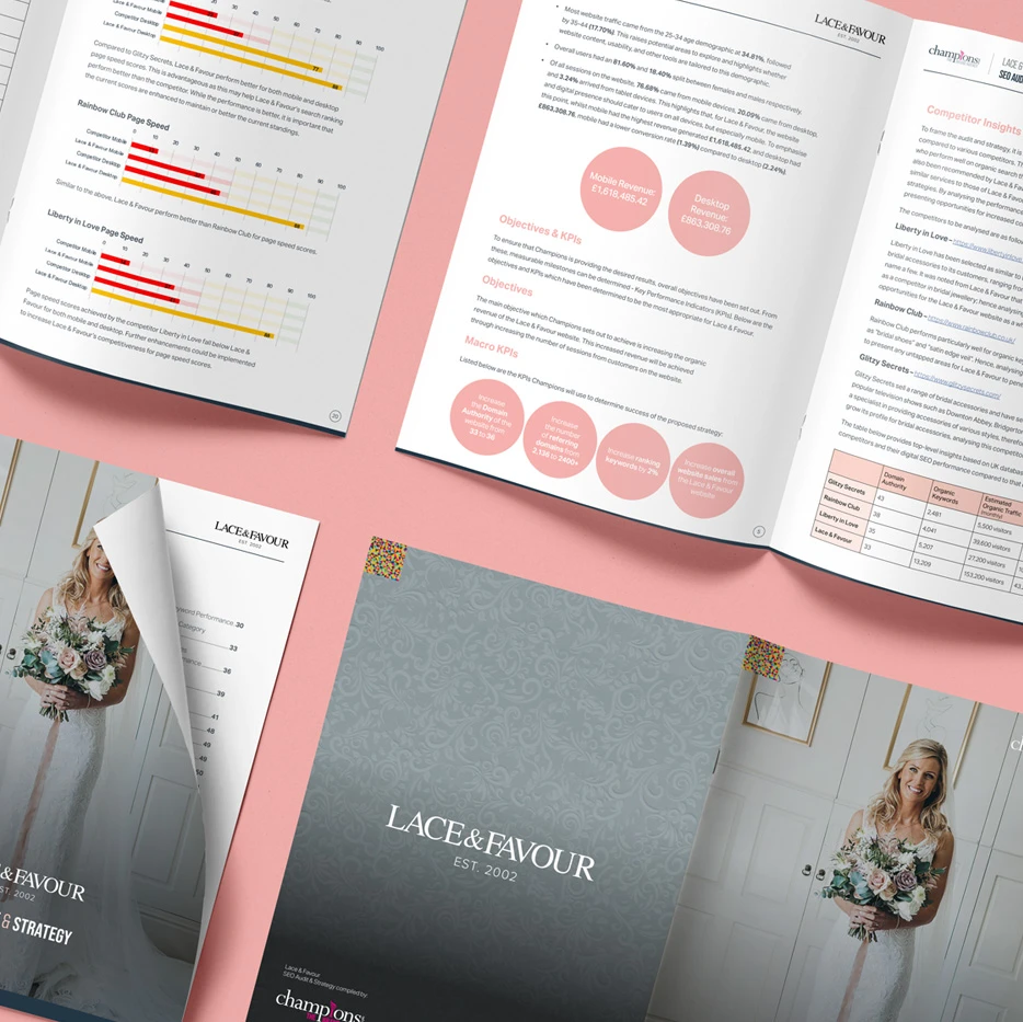 Open marketing audit booklet for Lace & Favour displayed on a pink background, showing detailed charts, performance data, and strategy pages alongside the elegant grey cover with a bride holding a bouquet.