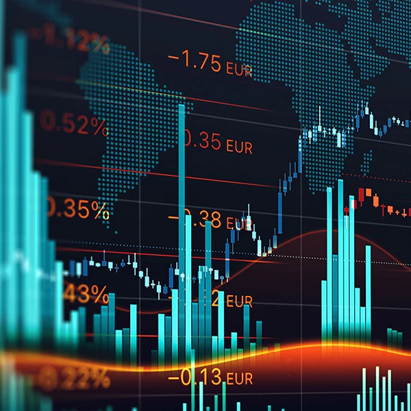 Financial chart with candlesticks and bars over a dotted world map, showing EUR price changes and market volatility