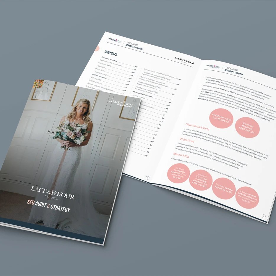 Open brochure showing the Lace & Favour SEO Audit & Strategy by Champions UK plc, featuring a wedding-themed cover design with a bride holding flowers and inside pages displaying objectives, KPIs and marketing analysis data.